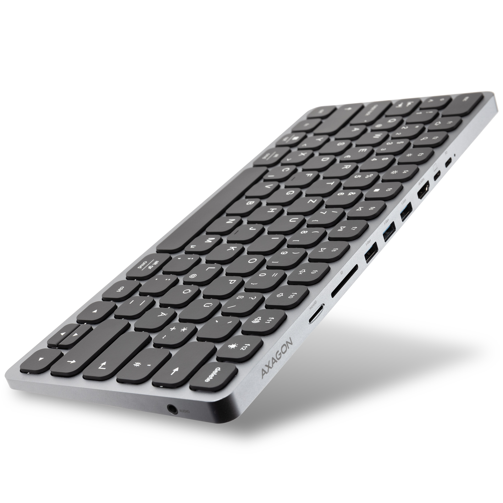 Axagon HMC-KB-GE, USB 5Gbps hub w. keyboard, HDMI 4K/60Hz, 3x USB-A, SD/mSD, audio, PD 100, German layout