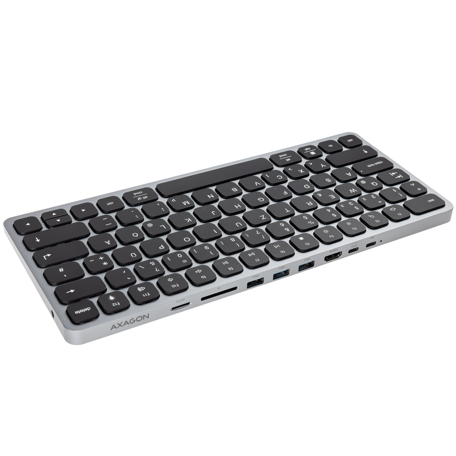 Axagon HMC-KB-GE, USB 5Gbps hub w. keyboard, HDMI 4K/60Hz, 3x USB-A, SD/mSD, audio, PD 100, German layout