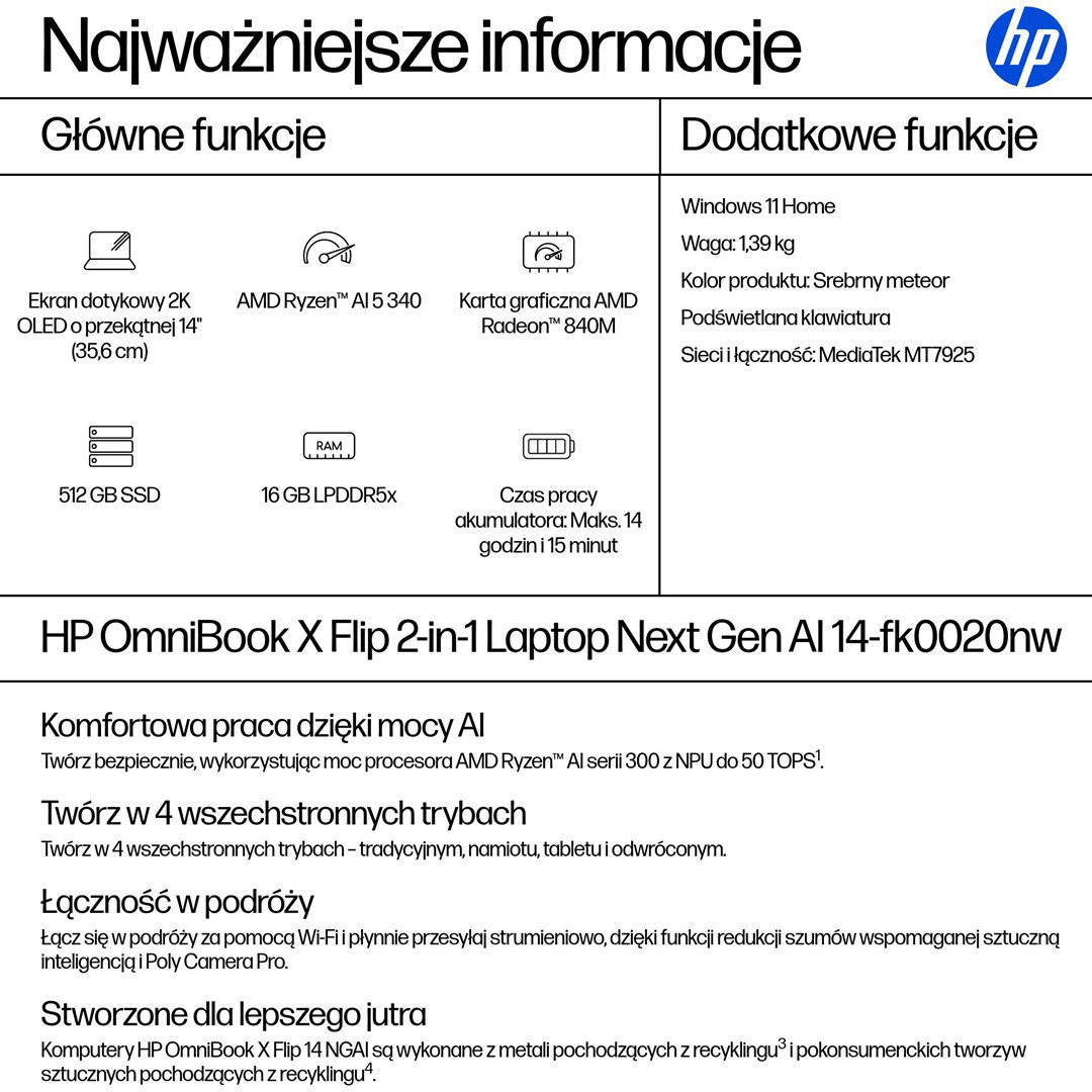HP OmniBook X Flip Next Gen AI 14-fk0020nw Copilot+ PC 2-in-1 14, AMD Ryzen AI 5 340, 2K touchscreen, 16 GB LPDDR5x-SDRAM, 512 GB SSD, Wi-Fi 7 (802.11be), Windows 11 Home, silver
