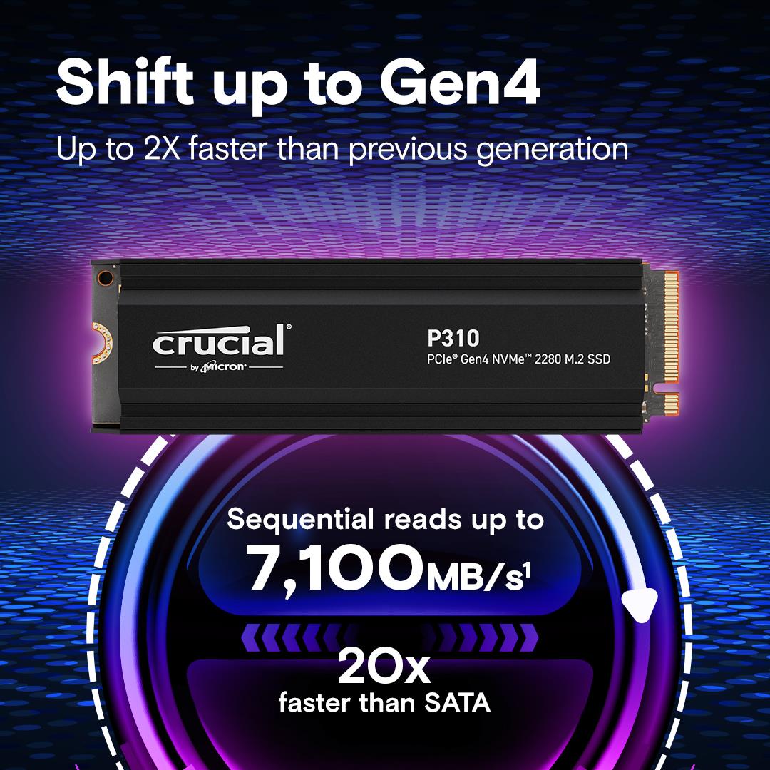 SSD CRUCIAL 800xTBW rating Read speed 7100 MB/s Write speed 6000 MB/s NVMe Yes PCI Express 4.0 M.2 4000 GB CT4000P310SSD5