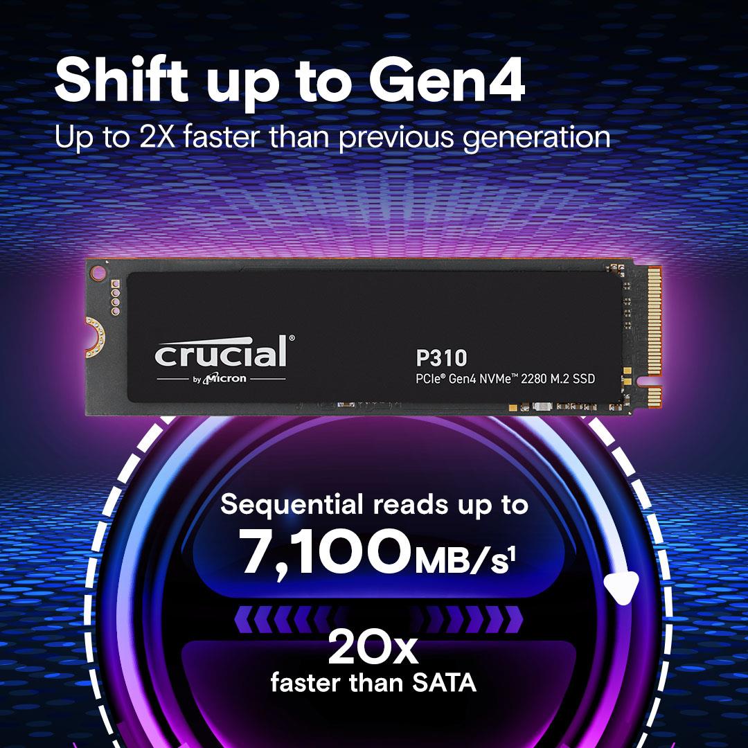 SSD CRUCIAL 800xTBW rating Read speed 7100 MB/s Write speed 6000 MB/s NVMe Yes PCI Express 4.0 M.2 4000 GB P310 CT4000P310SSD8
