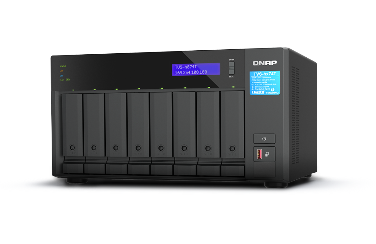 8-bay QNAP QuTS hero NAS, Intel Core i7 12-core (8 Performance cores + 4 Efficient cores) /20-thread, 32GB SO-DIMM DDR4(max.64GB), 8 x 2.5/3.5 SATA HDD/SSD, 2 x 2.5GbE, 2 x M.2 PCIe Gen4 x4 slots, 2 x Thunderbolt 4, PCIe Gen4 slots, HDMI 1.4b, 350W PSU