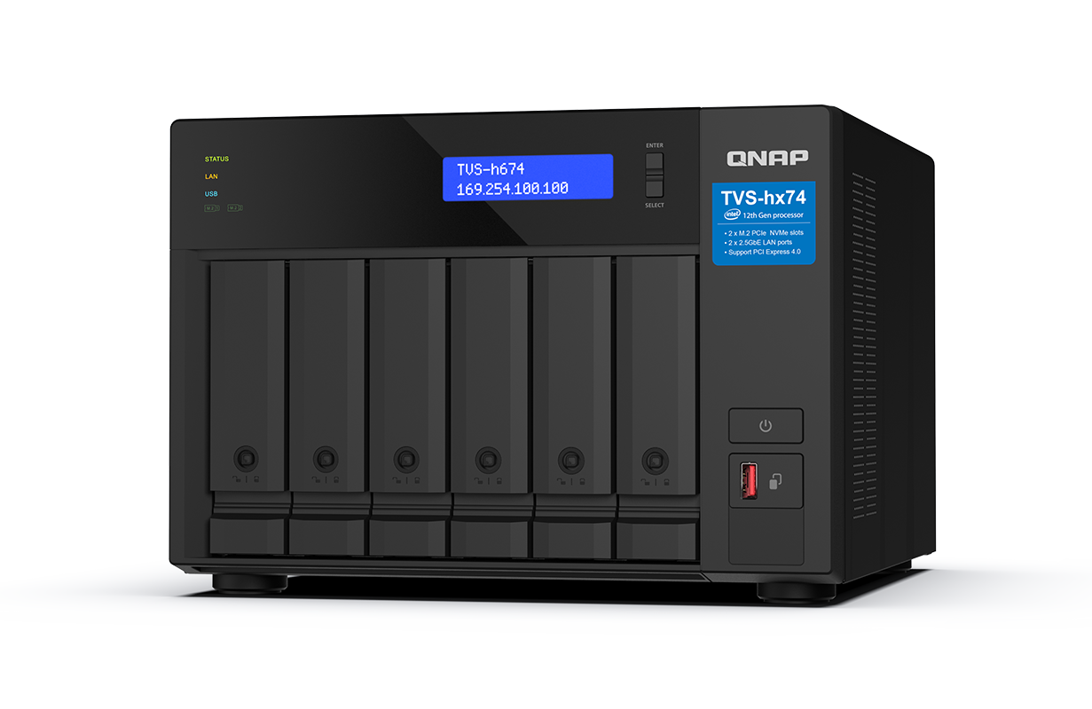 6-bay QNAP QuTS hero NAS, Intel Core i3-12100 4-core/8-thread, up to 4.3GHz, 16GB SO-DIMM DDR4(max.64GB), 6 x 2.5/3.5 SATA HDD/SSD, 2 x 2.5GbE, 2x M.2 PCIe Gen4 x4 slots, PCIe Gen4 slots, HDMI 1.4b, 250W PSU