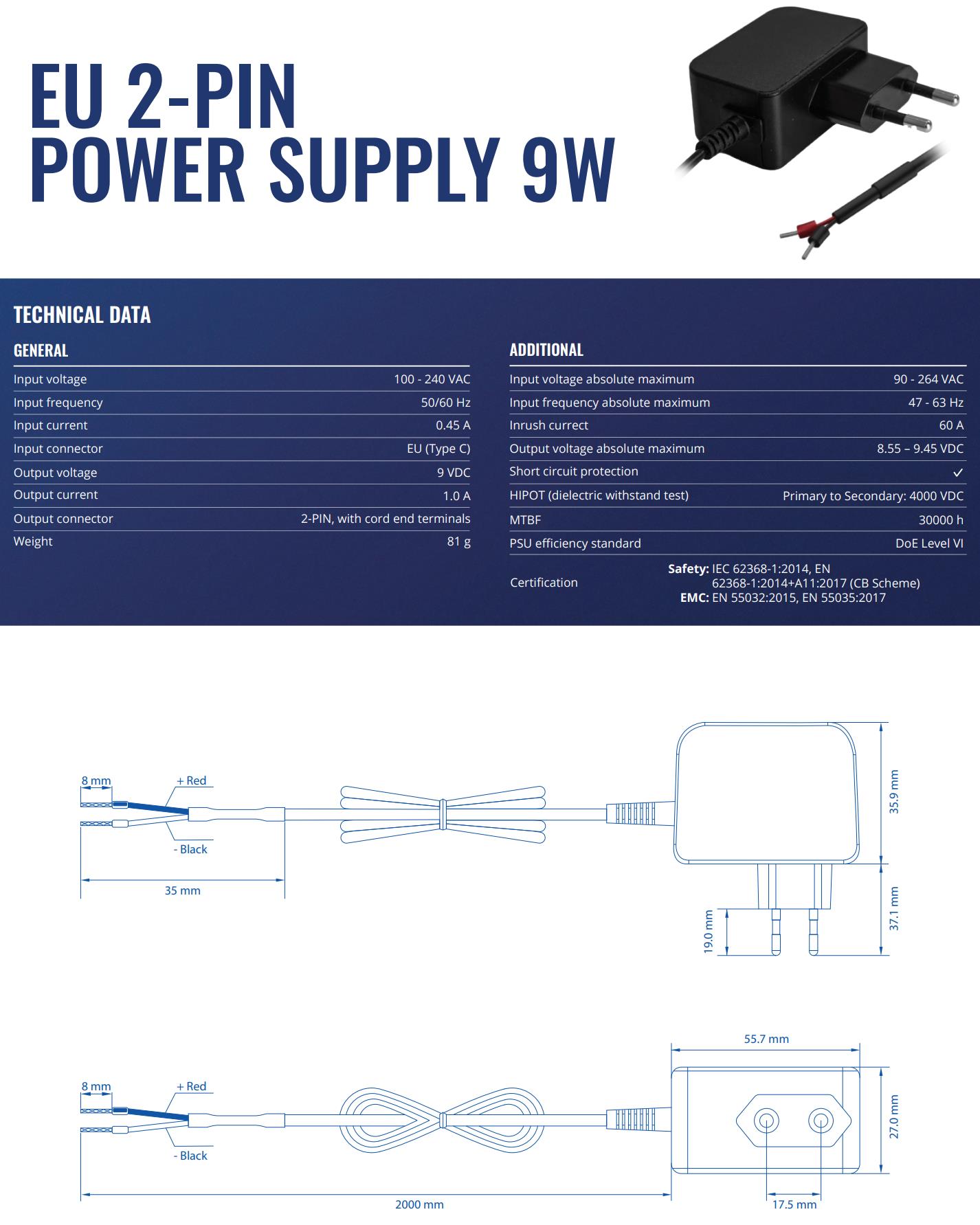 NET SWITCH ACC PSU 9W/2PIN PR3PREU6 TELTONIKA