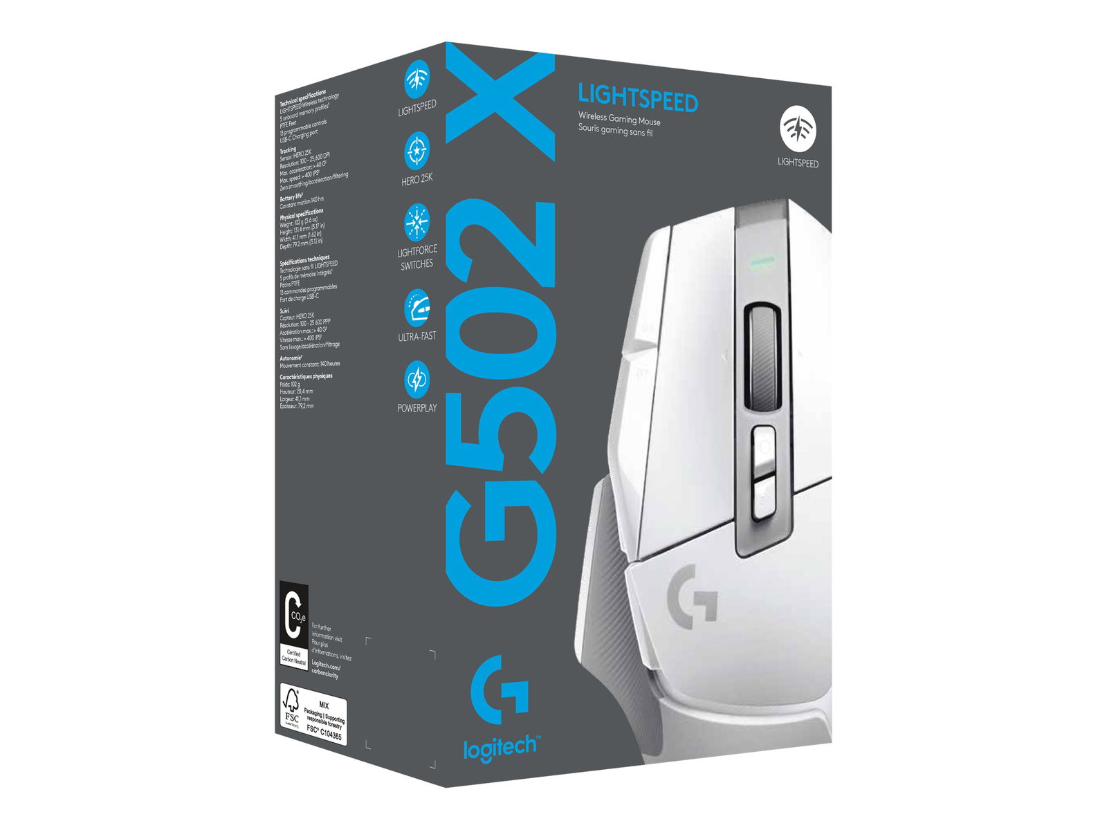 LOGITECH G G502 X LIGHTSPEED Mouse optical 8 buttons wireless 2.4 GHz USB LOGITECH LIGHTSPEED receiver white