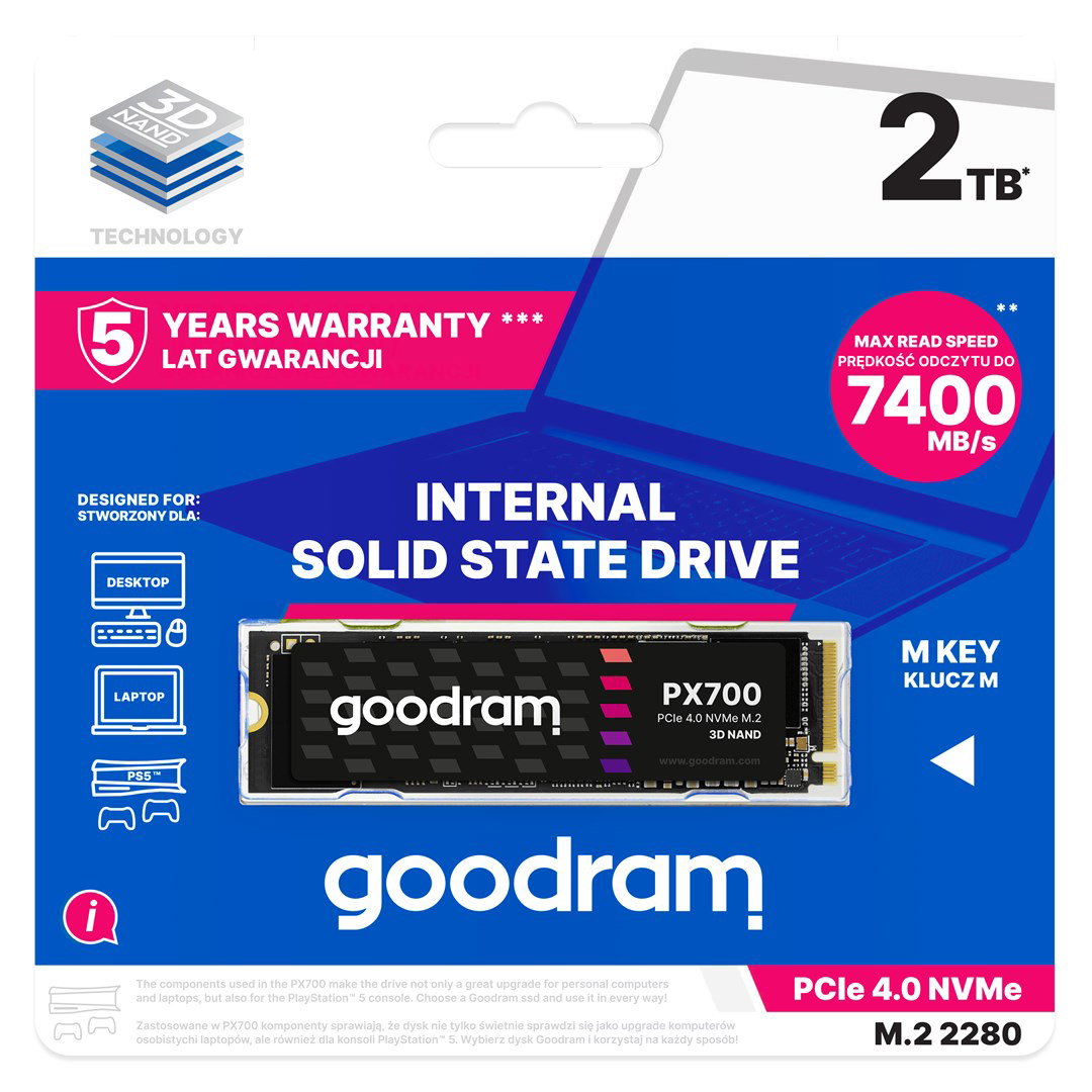 Goodram PX700 SSD SSDPR-PX700-02T-80 internal solid state drive M.2 2.05 TB PCI Express 4.0 NVMe 3D NAND