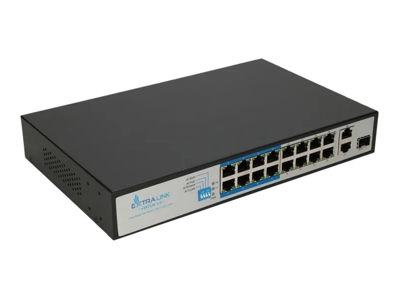 EXTRALINK EX.16101 VIRTUS V3 Switch PoE 16x 100Mb/s PoE/PoE+ 2x Gigabit RJ45 + 1x SFP PoE Budget 150W