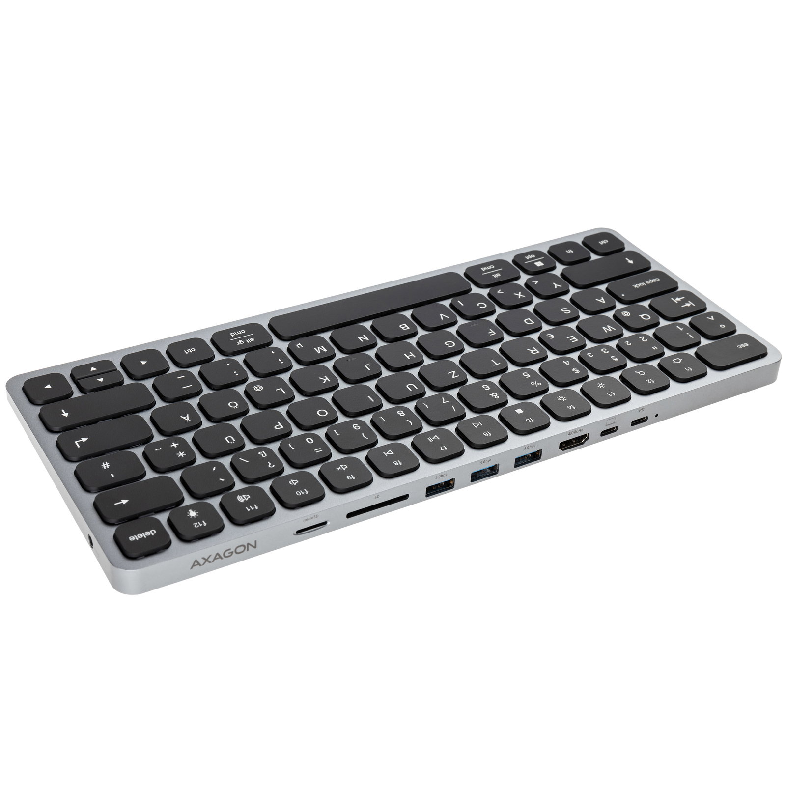 AXAGON HMC-KB USB-C keyboard, microSD/SD, 3x USB-A 3.0, HDMI 4K/60Hz, PD 100W, Audio - DE Layout