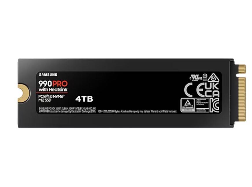 SSD SAMSUNG 990 PRO with Heatsink 4TB M.2 PCIe Gen4 NVMe TLC Write speed 6900 MBytes/sec Read speed 7450 MBytes/sec TBW 2400 TB MTBF 1500000 hours MZ-V9P4T0CW