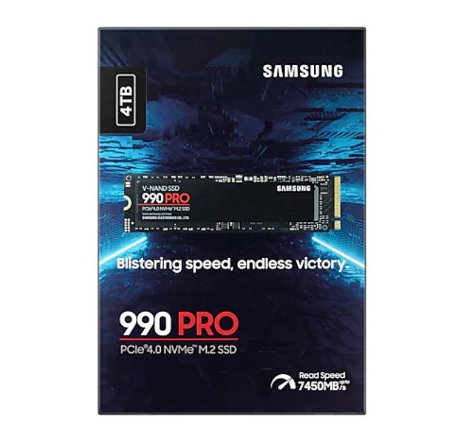 SSD SAMSUNG 990 PRO 4TB M.2 PCIe Gen4 NVMe TLC Write speed 6900 MBytes/sec Read speed 7450 MBytes/sec 2.3mm TBW 2400 TB MTBF 1500000 hours MZ-V9P4T0BW