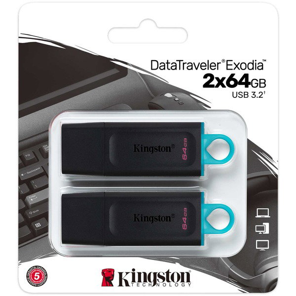 Kingston DataTraveler Exodia 64 GB 2er Pack, USB-Stick - black/turquoise, USB-A 3.2 Gen 1, 2 Stck
