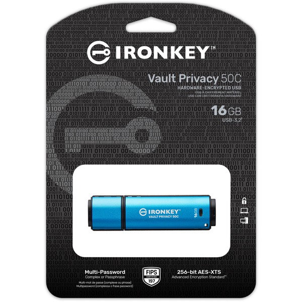 Kingston IronKey Vault Privacy 50 16 GB, USB-Stick - lightblue/black, USB-C 3.2 Gen 1