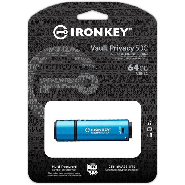 Kingston IronKey Vault Privacy 50 64 GB, USB-Stick - lightblue/black, USB-C 3.2 Gen 1