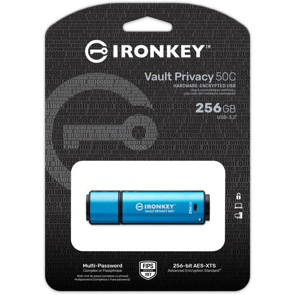 Kingston IronKey Vault Privacy 50 256 GB, USB-Stick - lightblue/black, USB-C 3.2 Gen 1