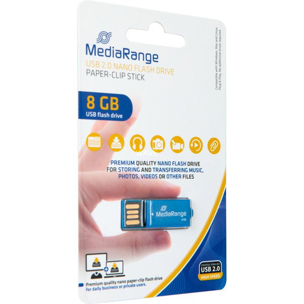 MediaRange USB Nano 8 GB, USB-Stick - blue, USB-A 2.0, with Broklammer-Funktion