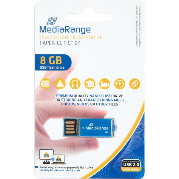 MediaRange USB Nano 8 GB, USB-Stick - blue, USB-A 2.0, with Broklammer-Funktion