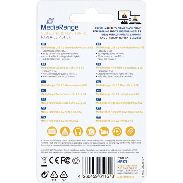 MediaRange USB Nano 8 GB, USB-Stick - blue, USB-A 2.0, with Broklammer-Funktion