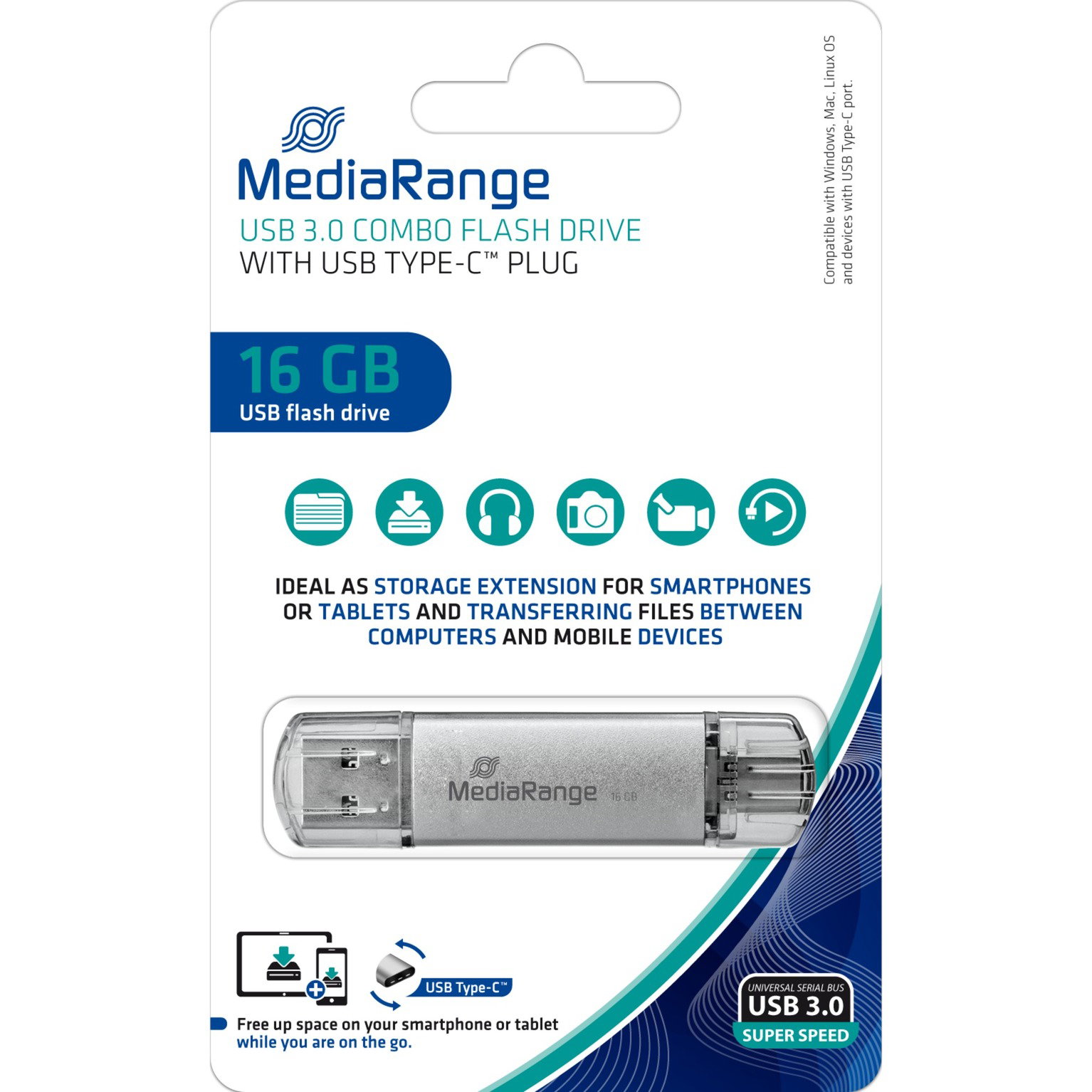 MediaRange Kombo-storagestick 16 GB, USB-Stick - silver/transparent, USB-A 3.2 Gen 1, USB-C 3.2 Gen 1