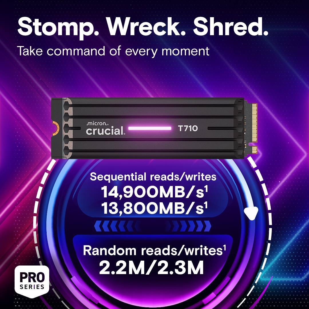 SSD CRUCIAL T710 1TB M.2 PCIe Gen5 NVMe Write speed 13700 MBytes/sec Read speed 14900 MBytes/sec TBW 600 TB CT1000T710SSD5