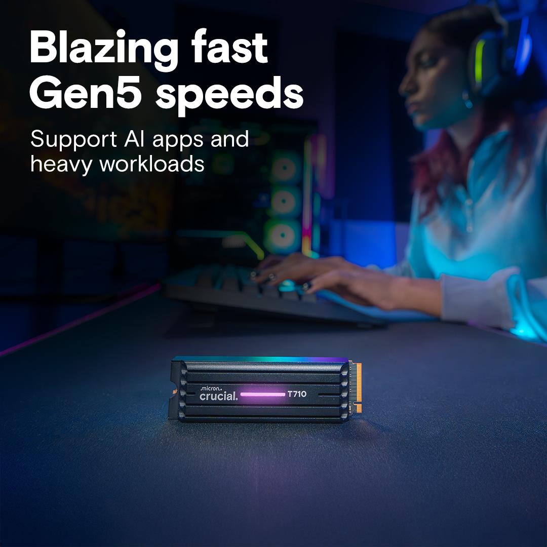 SSD CRUCIAL T710 1TB M.2 PCIe Gen5 NVMe Write speed 13700 MBytes/sec Read speed 14900 MBytes/sec TBW 600 TB CT1000T710SSD5