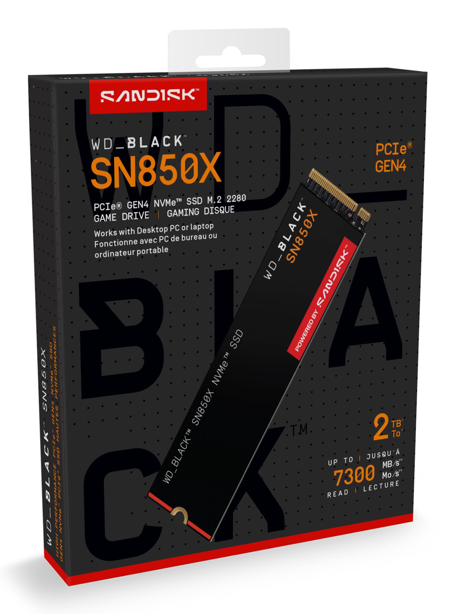 SSD SANDISK 1200xTBW rating Read speed 7300 MB/s Write speed 6600 MB/s NVMe Yes PCI Express 4.0 M.2 2000 GB POWERED BY SANDISK Black SN850X WDS200T2X0E