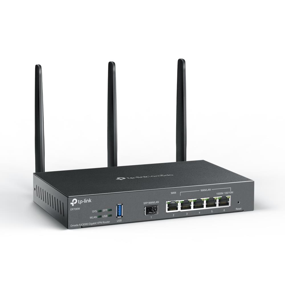 Wireless Router TP-LINK Omada AX3000 Gigabit VPN Router Data speed 3000 Mbit/s Ethernet WAN Yes WAN connection type SFP Ethernet LAN Yes 4xLAN ports USB port Yes ER706W