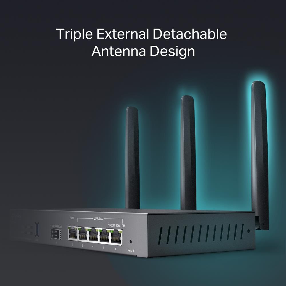 Wireless Router TP-LINK Omada AX3000 Gigabit VPN Router Data speed 3000 Mbit/s Ethernet WAN Yes WAN connection type SFP Ethernet LAN Yes 4xLAN ports USB port Yes ER706W