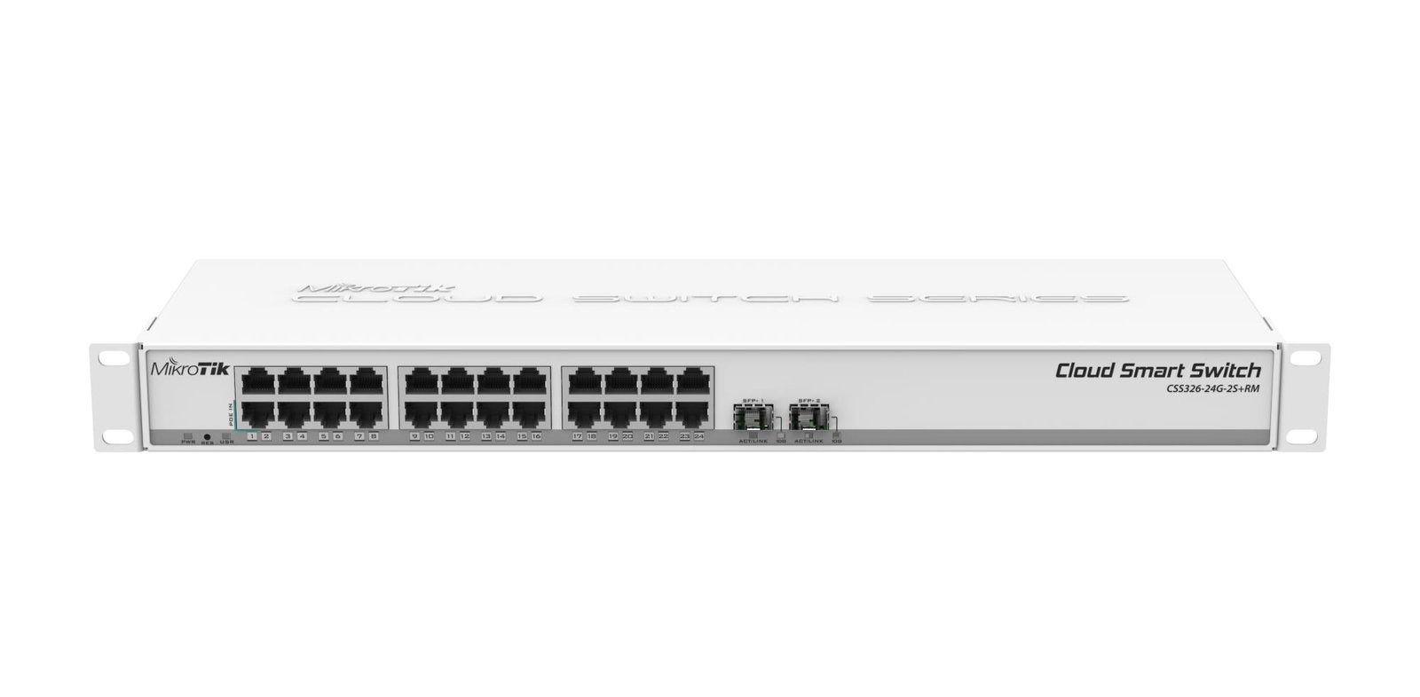 Switch MIKROTIK CSS326-24G-2S+RM Switch type Managed Rack mounting Yes Form factor 1U 24xRJ-45 ports RJ-45 Ports Type Gigabit Ethernet (10/100/1000) 2xSFP+ module slots quantity 10G support Yes Power over Ethernet (PoE) Yes CSS326-24G-2S+RM