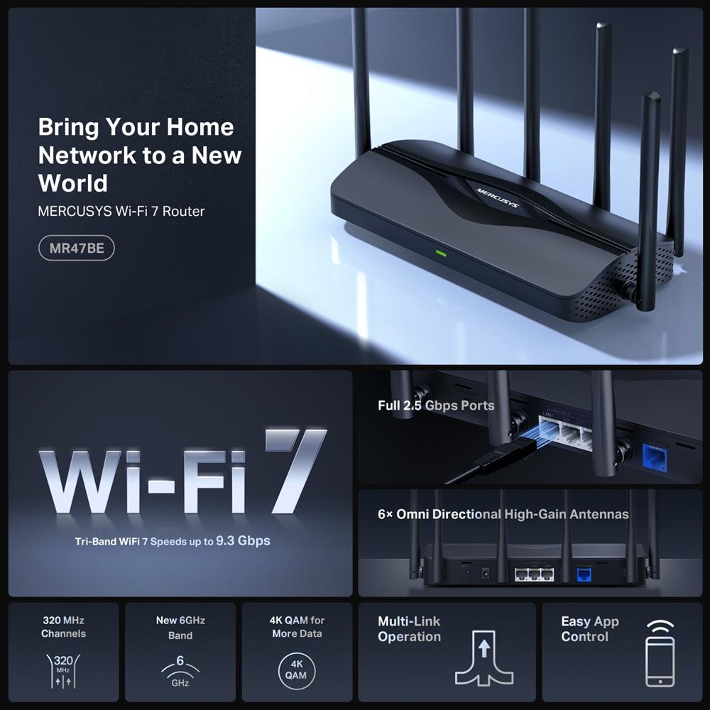 Wireless Router MERCUSYS Router IEEE 802.11a/b/g IEEE 802.11n IEEE 802.11ac IEEE 802.11ax 3x2.5GbE LAN \ WAN ports 1 Number of antennas 6 MR47BE
