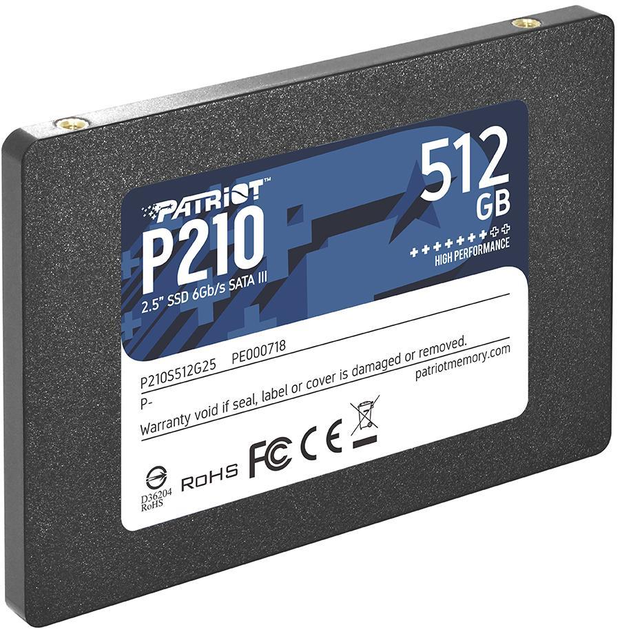 SSD PATRIOT P210 512GB SATA 3.0 Write speed 430 MBytes/sec Read speed 520 MBytes/sec 2,5 TBW 240 TB P210S512G25