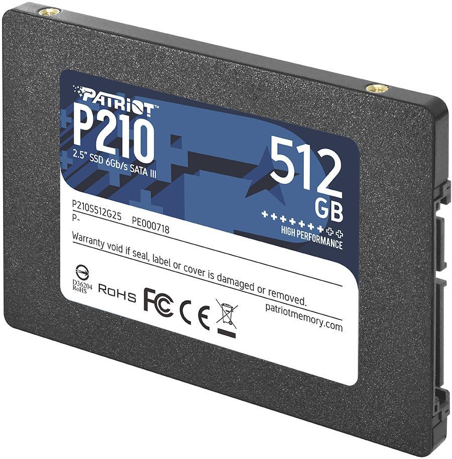 SSD PATRIOT P210 512GB SATA 3.0 Write speed 430 MBytes/sec Read speed 520 MBytes/sec 2,5 TBW 240 TB P210S512G25