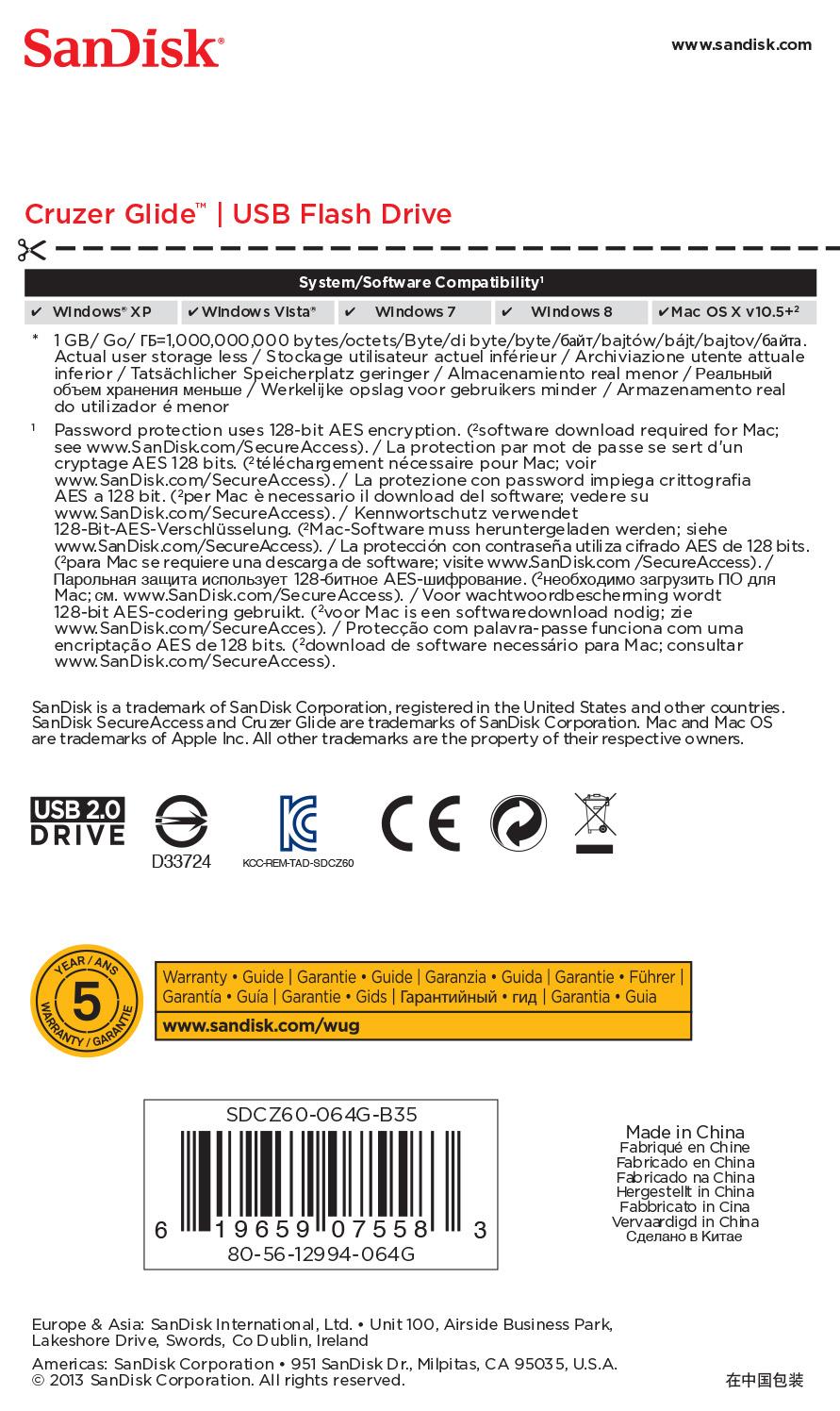 MEMORY DRIVE FLASH USB2 64GB/SDCZ60-064G-B35 SANDISK