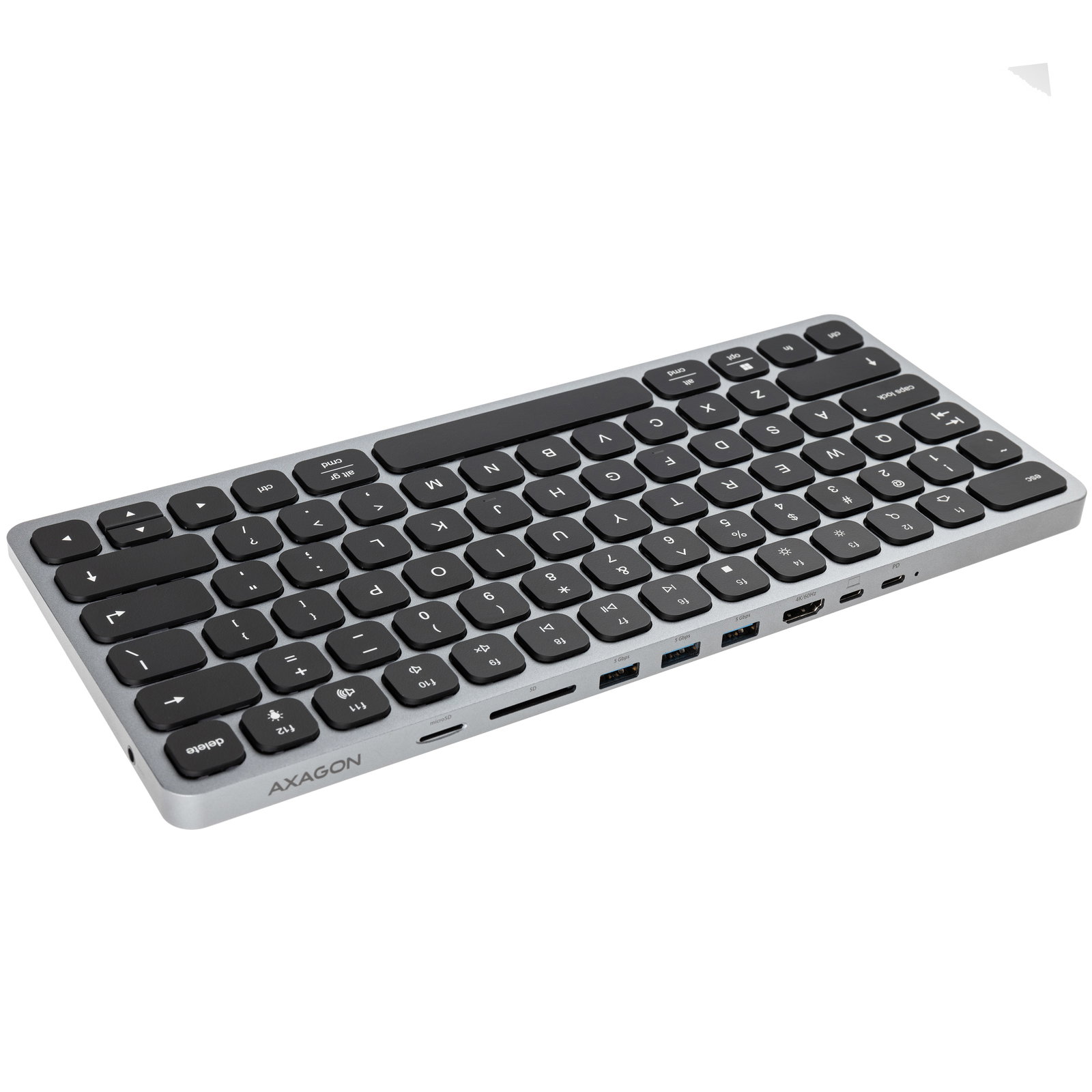 AXAGON HMC-KB keyboard USB-C 5Gbps with HUB, microSD/SD, 3x USB-A, HDMI 4K/60Hz, PD 100W, Audio, US layout