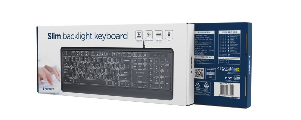 Gembird KB-UML-04-CYRL Slim wired backlight keyboard, black, Cyrillic layout