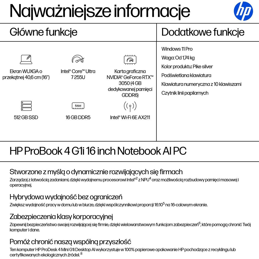 HP ProBook 4 G1i AI, Intel Core Ultra 7 255U laptop, 16 WUXGA, 16 GB DDR5-SDRAM, 512 GB SSD, Wi-Fi 6E (802.11ax), Windows 11 Pro, AI PC, silver