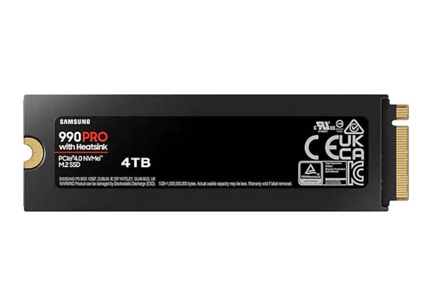 SSD SAMSUNG 990 PRO with Heatsink 4TB M.2 PCIe Gen4 NVMe TLC Write speed 6900 MBytes/sec Read speed 7450 MBytes/sec 2.3mm TBW 1200 TB MTBF 1500000 hours MZ-V9P4T0GW