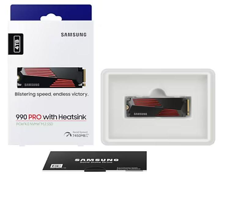SSD SAMSUNG 990 PRO with Heatsink 4TB M.2 PCIe Gen4 NVMe TLC Write speed 6900 MBytes/sec Read speed 7450 MBytes/sec 2.3mm TBW 1200 TB MTBF 1500000 hours MZ-V9P4T0GW