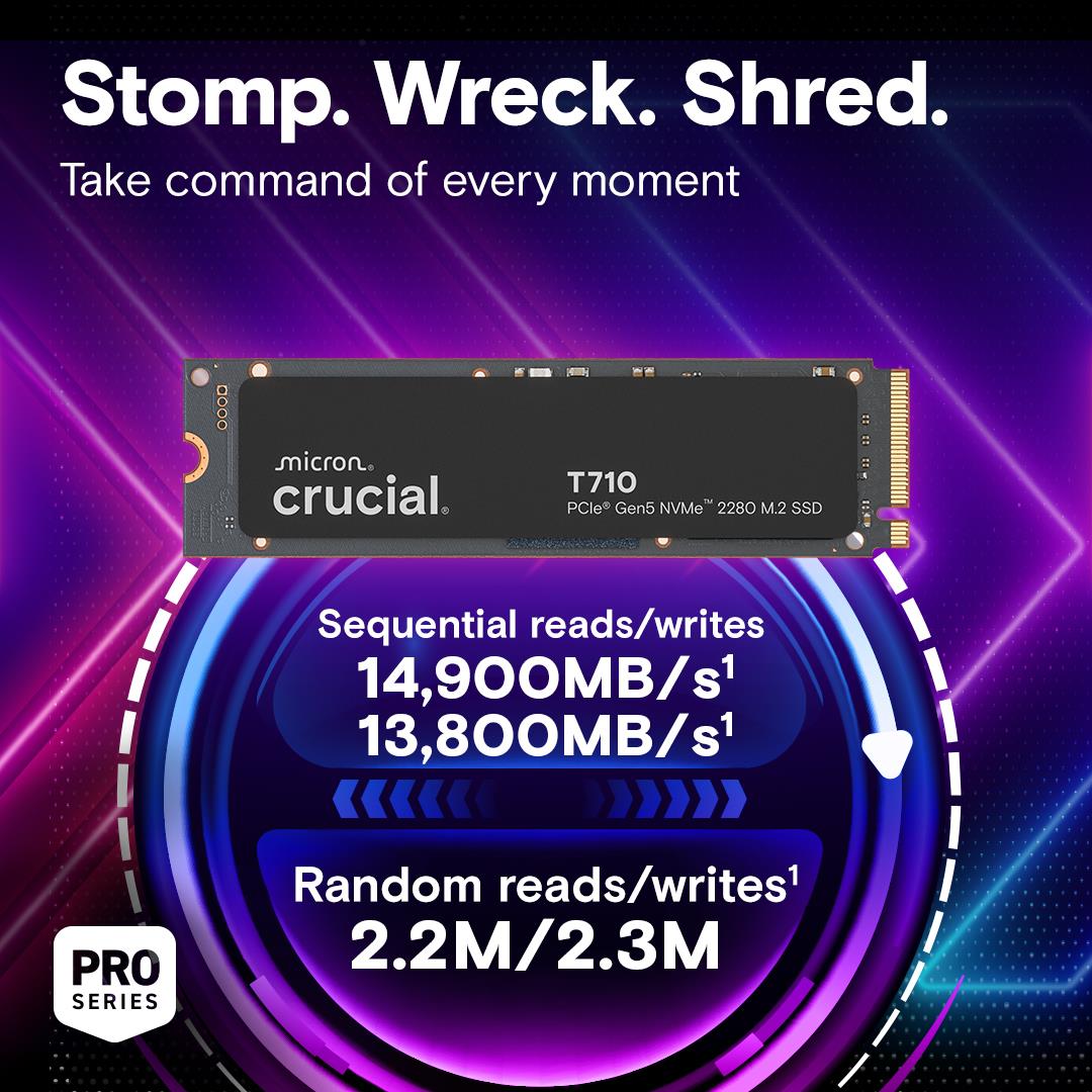 SSD CRUCIAL T710 2TB M.2 PCIe Gen5 NVMe Write speed 13800 MBytes/sec Read speed 14500 MBytes/sec TBW 1200 TB CT2000T710SSD8