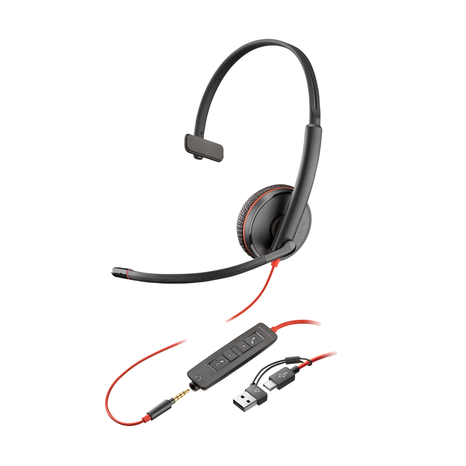 Poly Blackwire 3215 Monaural USB-C Headset +3.5mm Plug +USB-C-A Adapter Packing Unit