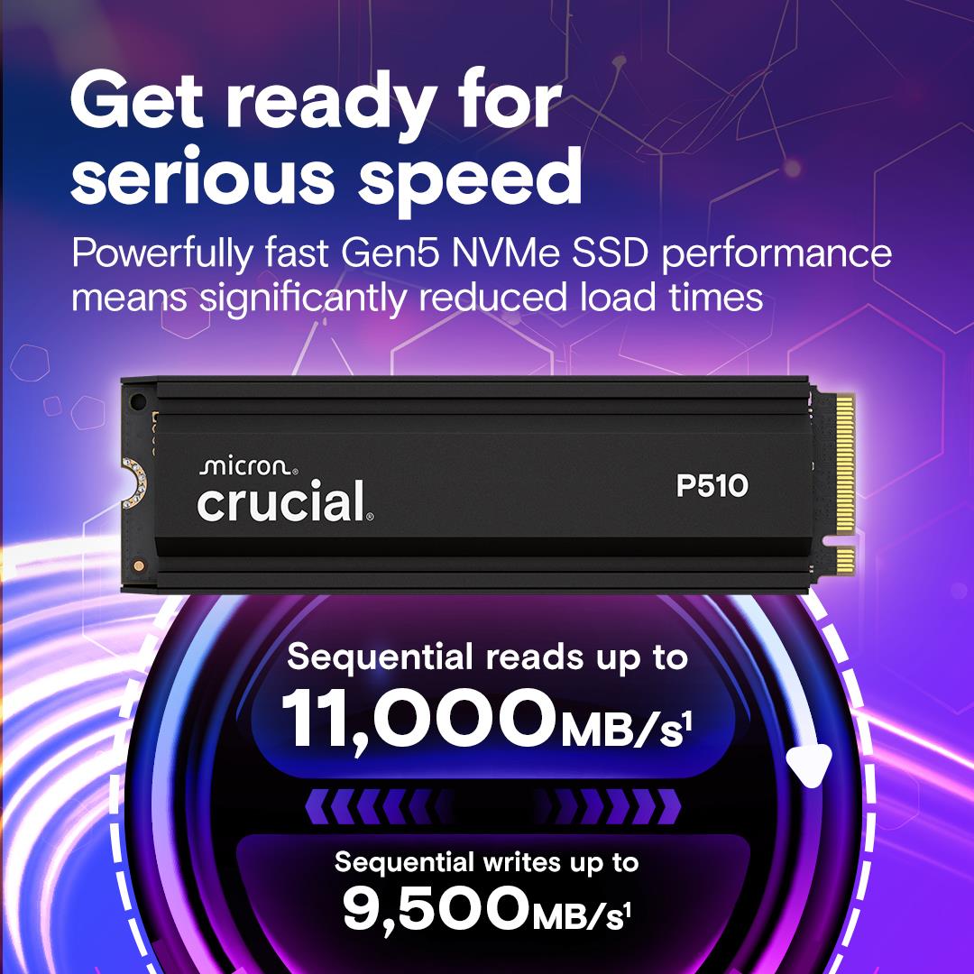 SSD CRUCIAL P510 2TB M.2 PCIe Gen5 NVMe TLC Write speed 8700 MBytes/sec Read speed 10000 MBytes/sec TBW 1200 TB CT2000P510SSD5
