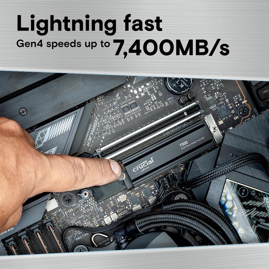 SSD CRUCIAL T500 1TB M.2 PCIe Gen4 NVMe 3D NAND Write speed 6800 MBytes/sec Read speed 7300 MBytes/sec TBW 600 TB CT1000T500SSD5