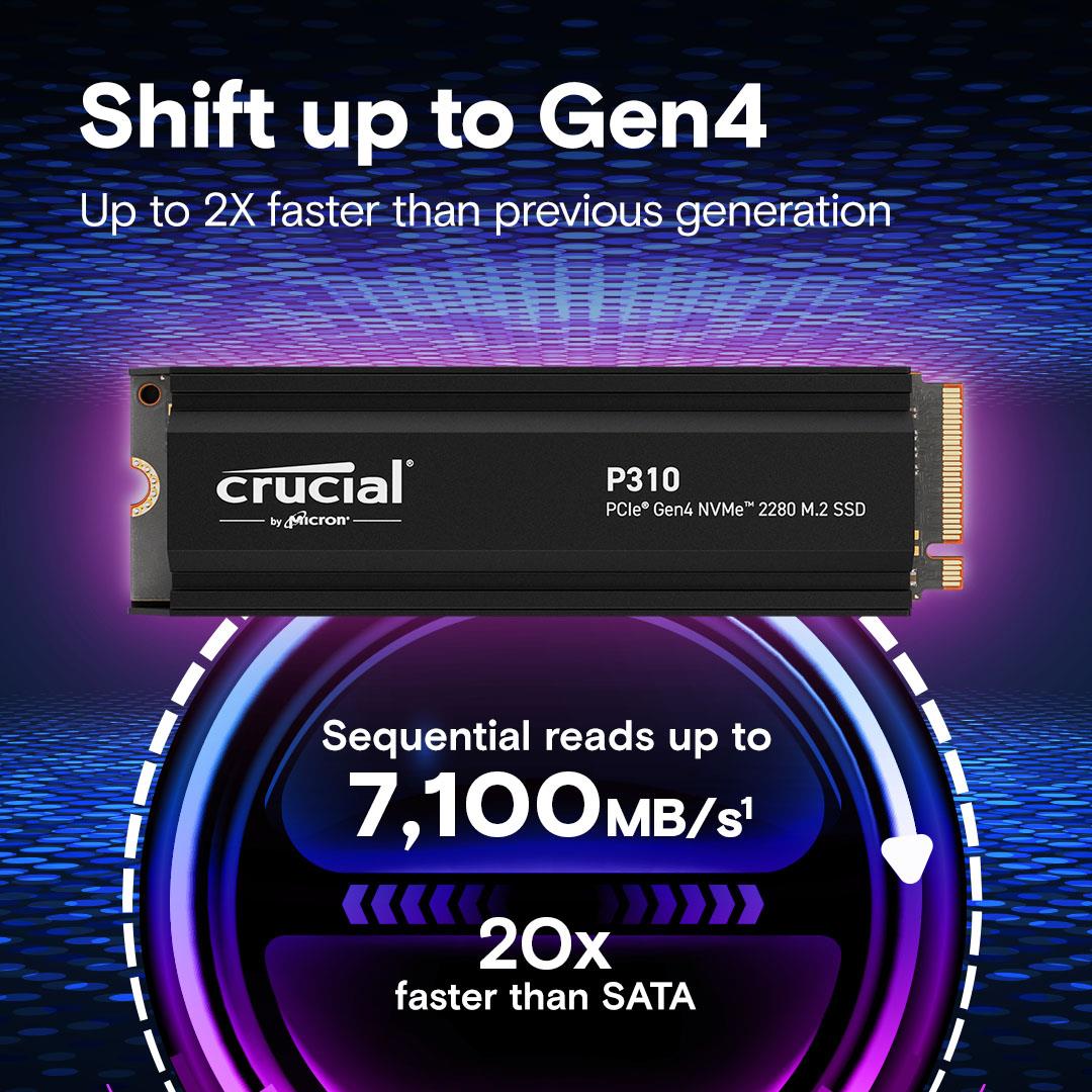SSD CRUCIAL P310 1TB M.2 PCIe Gen4 NVMe 3D NAND Write speed 6000 MBytes/sec Read speed 7100 MBytes/sec TBW 220 TB CT1000P310SSD5