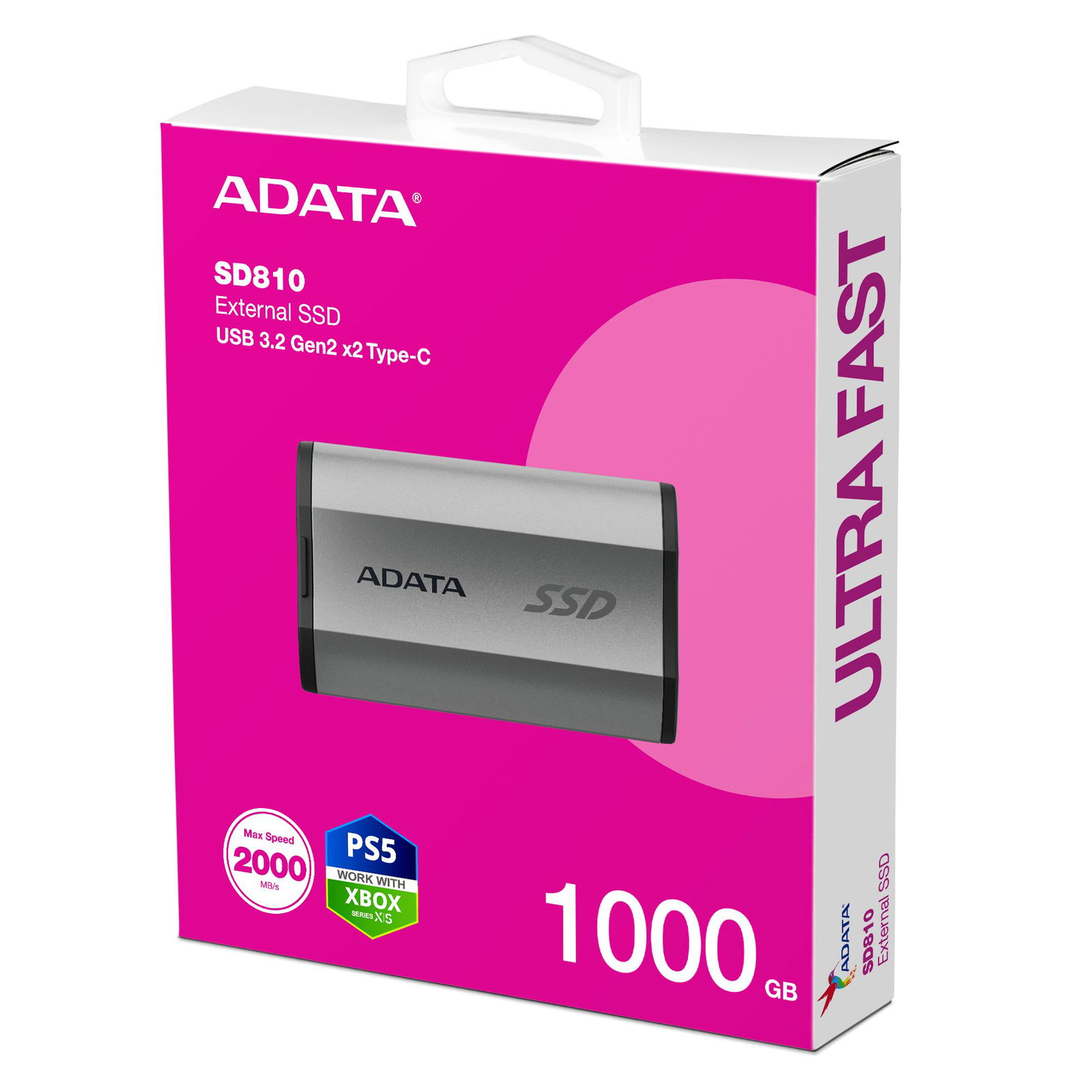 External SSD ADATA SD810 1TB USB-C Write speed 2000 MBytes/sec Read speed 2000 MBytes/sec SD810-1000G-CSG