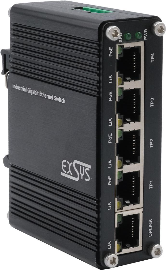 Exsys Switch 5Port Industrial Ethernet PoE 4x10/100/1000Tx 12-48VDC Switch 0.1 Gbps
