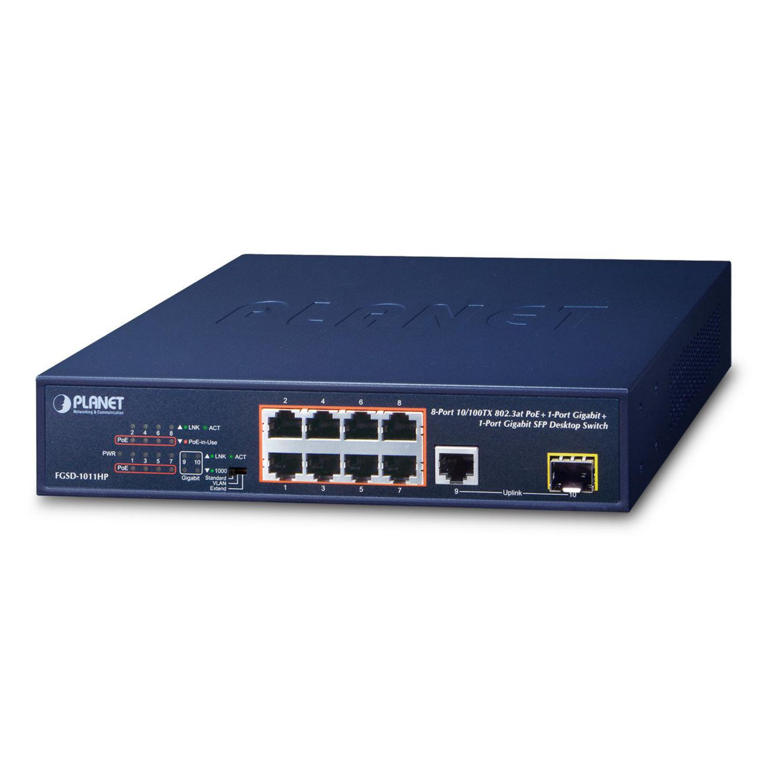 Planet FGSD-1011HP PoE Switch 8x 10 -100 PoE 1x TP + 1x SFP 1000Base-X Extend 10Mb ESD 802.3