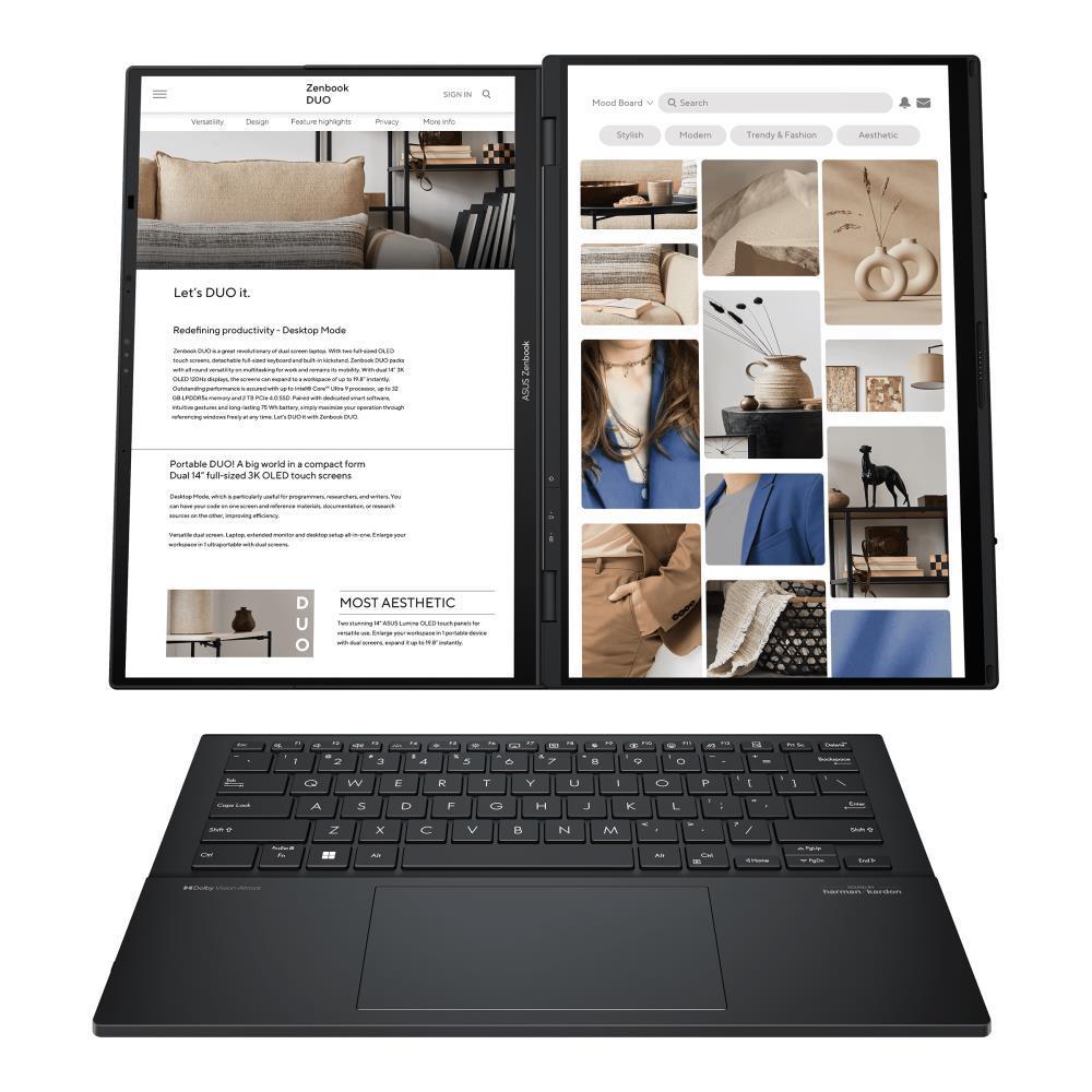 Notebook ASUS ZenBook Series DUO UX8406CA-PZ009W CPU Core Ultra U9-285H 2900 MHz 14 Touchscreen 2880x1800 RAM 32GB LPDDR5x SSD 2TB Intel Arc Graphics Integrated ENG Windows 11 Home Grey 1.65 kg 90NB14X1-M00820
