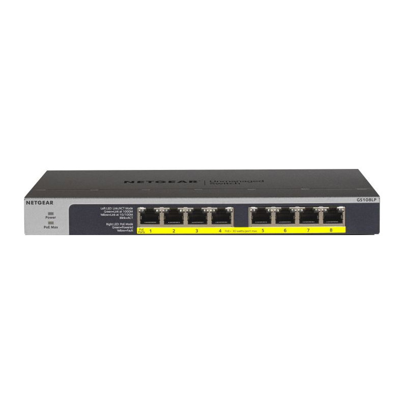 NETGEAR GS108LP 8-Port Unmanaged Switch 8x Gigabit LAN PoE+ 60W Fanless
