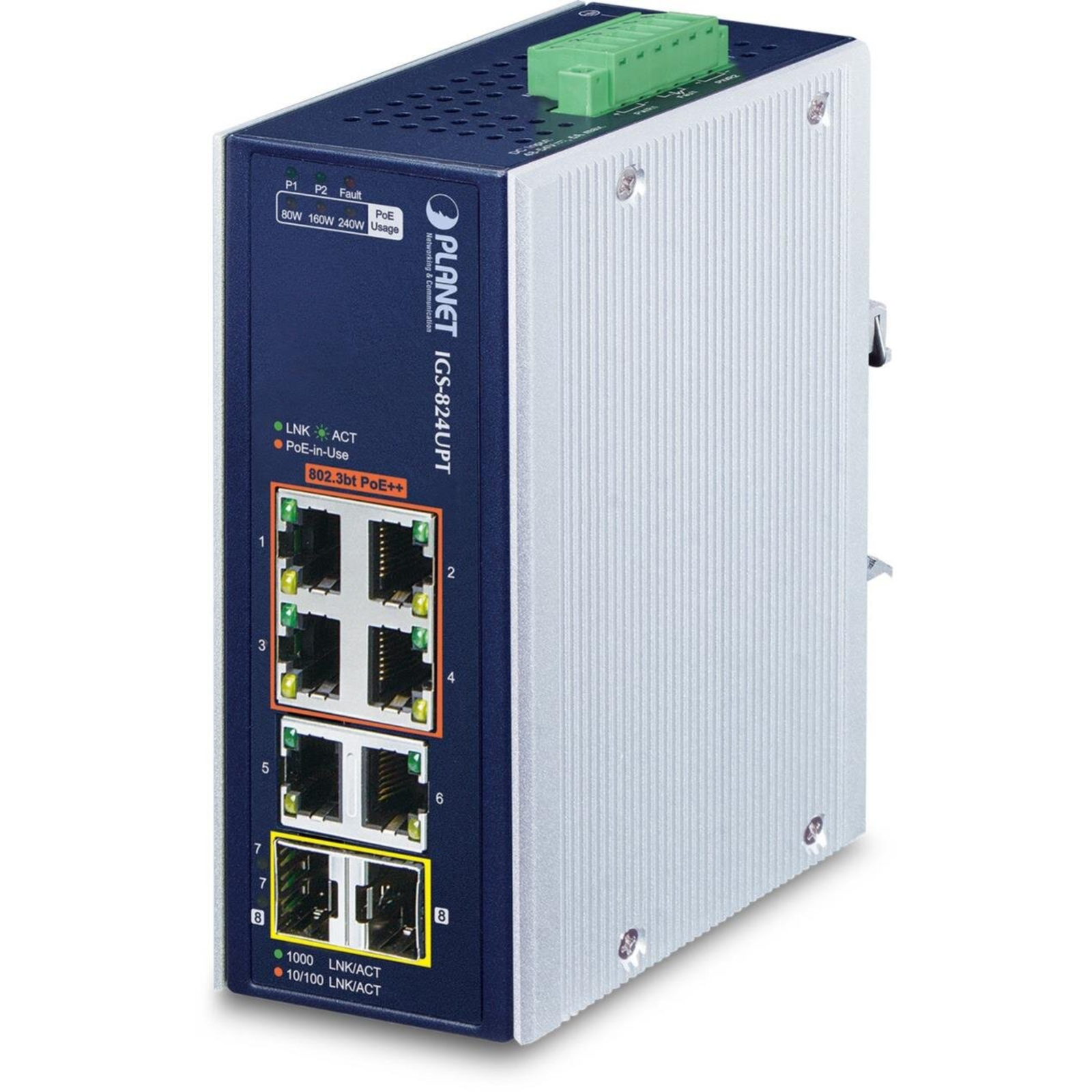 PLANET Industrial 4-GE 802.3at + 2 GE + 2 100/1000X SFP