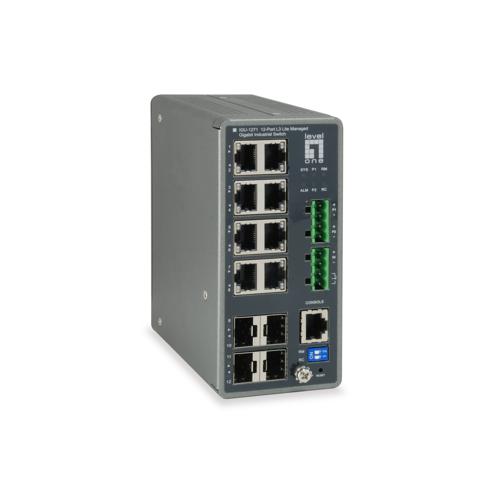 LevelOne TURING 12-Port L3 Lite Managed Gigabit Industrial Switch, 4 x SFP, DIN-Rail, -40°C to 75°C