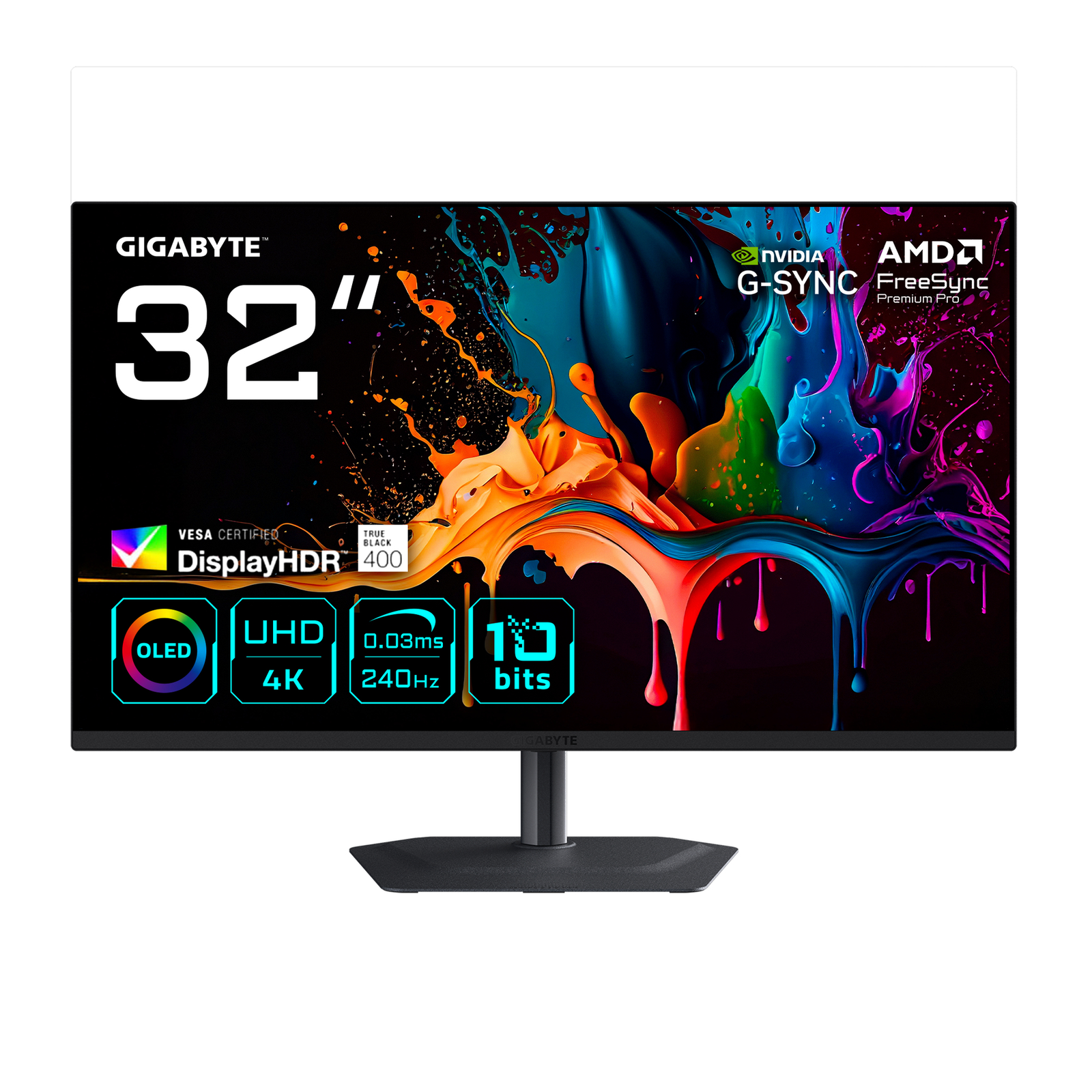 GIGABYTE MO32U2 32” OLED 4K UHD Gaming Monitor - 3840 x 2160, 240Hz, 0.03ms, 250 cd/m², G-Sync Compatible, FreeSync Premium Pro, Display HDR True Black 400, HDMI 2.1, Displayport 1.4